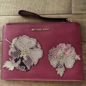 Michael Kors Large Fuchsia Clutch / Wristlet with Floral Accents